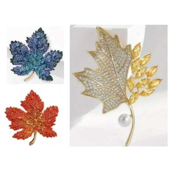 3 Maple Leaf Brooch Pins Bundle Elegant Rhinestone Red Blue Yellow Jewelry Set - Picture 1 of 16